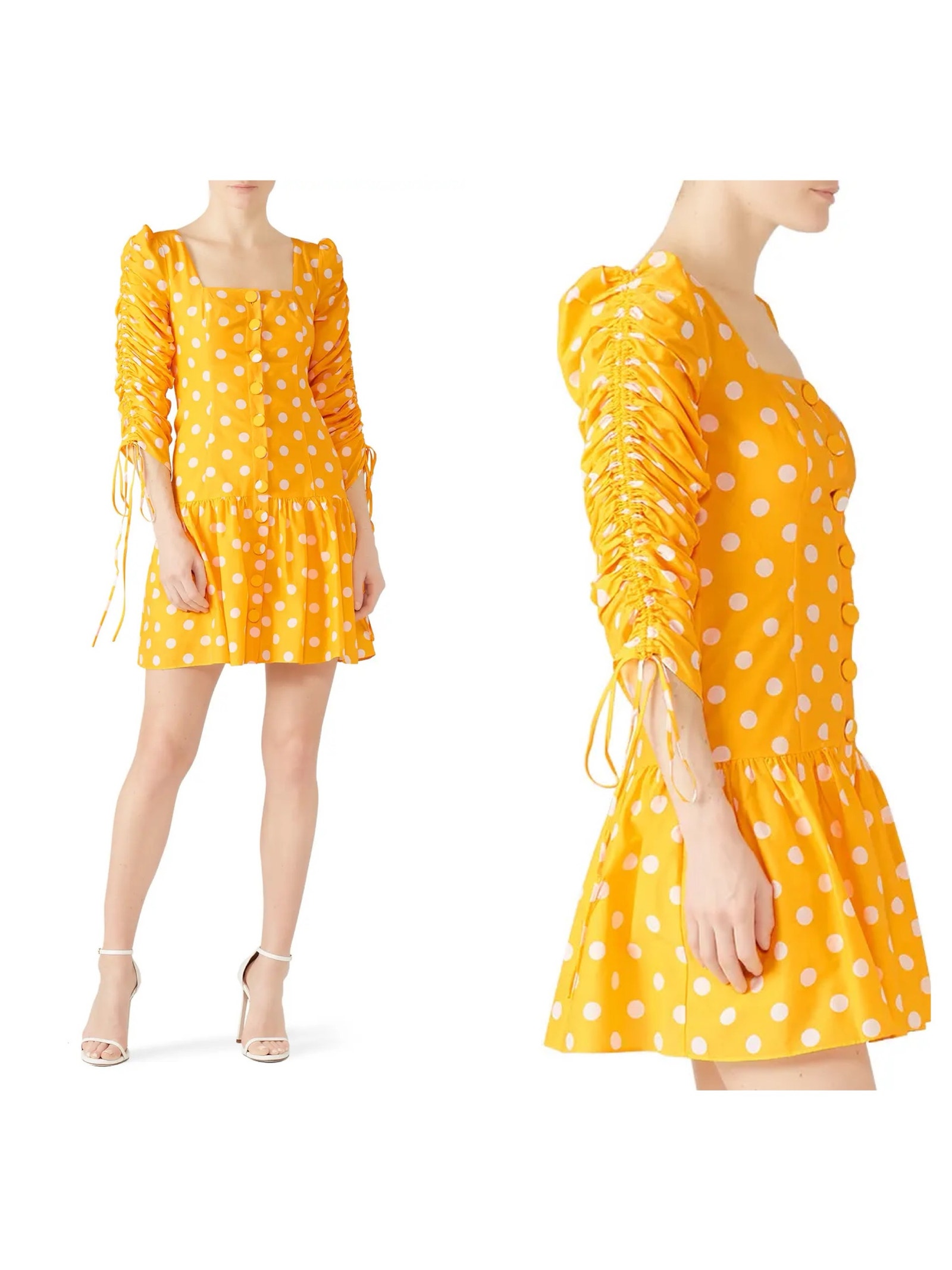 Nicholas Yellow Polka Dot Ruched Sleeve Dress Size 10 Button Front Mini